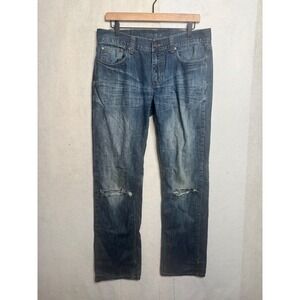 Flypaper Mens Straight Leg Distressed Ripped Blue Denim Jeans W32 L32 RN114936